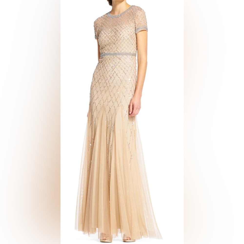 Adrianna Papell Cap Sleeve Beaded Mesh Gown